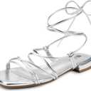 IDIFU Strappy Lace Up Flat Sandals for Women Tie Up Square Open Toe Ankle Wrap Straps Dressy Gladiator Summer Beach Wedding Party Ladies Comfortable Cute Casual Dress Sandals Silver Pu 5.5