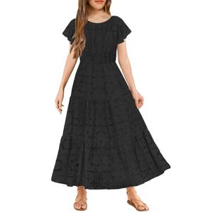 HOSIKA Girls Summer Maxi Dress Lace A-Line Party Holiday Formal Dresses with Pockets for 8-9Years Black (M)