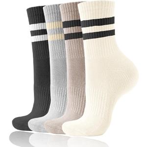 3 x AugRing Women's Striped Cotton Crew Socks Cozy Casual Athletic Quarter Socks for Running & Gym Size 5-11