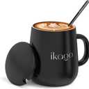 Ikago Ceramic Coffee Mug Set, 15oz Mugs with Lid and Spoon, Black Coffee Mug, Matching Mug lid, Novelty Laser Engraving Pattern, Best Gift for Coffee, Tea, Cocoa Lovers