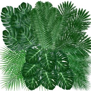 Giegxin 144 Pcs 6 Kinds Artificial Palm Leaves with Faux Stems Tropical Plant Monstera Safari Leaves for Hawaiian Party Decorations Beach Birthday Luau Party Decorations