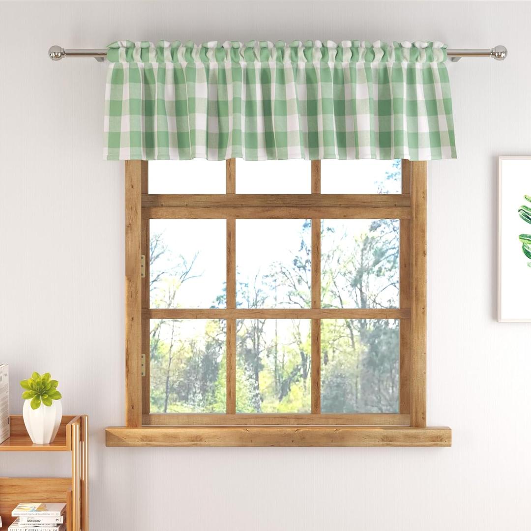 Short Curtains For Windows Treatment Christmas Buffalo Check Plaid Valances Gingham 1 Pack Tiers Rod Pocket Green and White Decor Small Curtains Over Sink For Kitchen/Living Room 14 Inch Length