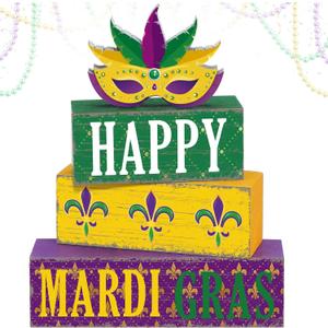 2 x Thyle 4 Pcs Mardi Gras Table Decorations Wooden Table Centerpieces Mask Purple Green Golden Mardi Gras Stack Tiered Tray Block Decor for Carnival Party Shelf Home