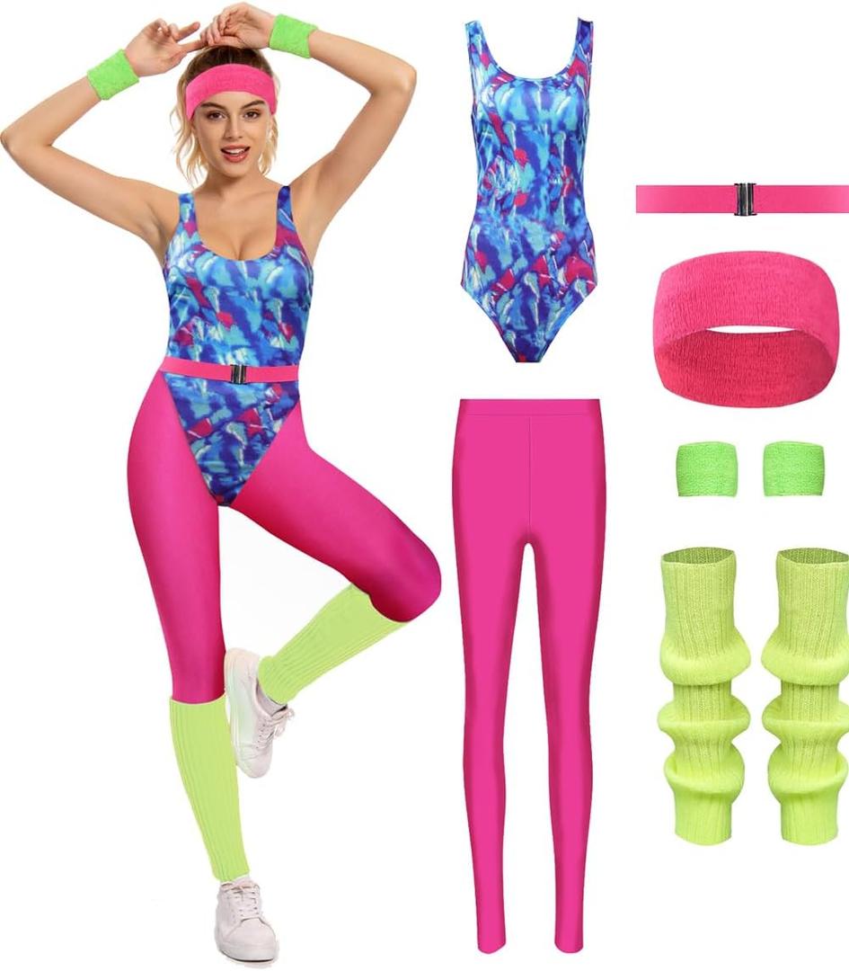 Womens Aerobics Costume 80s Workout Outfit 90s Accessories Set Retro Jogging Suit Waist Bag Gym Yoga Running (Small, Pink)
