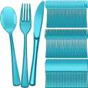 Minatee 150 Pieces Disposable Cutlery Set Plastic Silverware Heavy Duty Utensil Sets 50 Forks 50 Knives 50 Spoons for Home Office School Party Picnics Restaurant Outdoor Events (Peacock Blue)