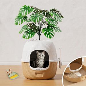 Hidden Cat Litter Box with Faux Plant & Scoop, Drawer Decorative Litter Box Enclosure with Odor Controlled Carbon Filter, Effortless Refilling, Scooping & Cleaning, Leak-Proof Design, Light Brown