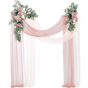Ling's moment Pink Blue Artificial Wedding Arch Flowers Kit Pack of 4, 2pcs Hanging Flower Arrangement 2pcs Chiffon Drapes Ceremony Reception Fake Rose Arbor Backdrop Floral Party Outdoor Decorations