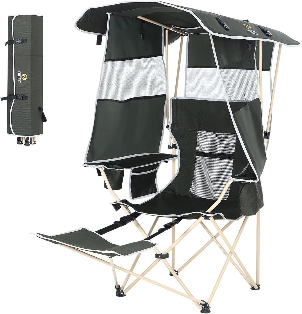Nice C Chair with Canopy, Umbrella Chairs, Chair with Shades, Sports Chairs, w/Removable Footrest, Cooler Bag, Cup Holder for Camping, Fishing, Sports, Soccer, Beach (1-P Green), 1-Pack Green w/Footrest