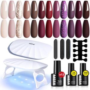 MEFA  Gel Nail Polish Kit with U V Light, 14 Colors Fall Gel Nail Polish Set Burgundy Red Champagne Gold Glitter Soak Off Purple Manicure Tools Beginners Salon Art Nails Art DIY for Women (2-A Fancy Party)