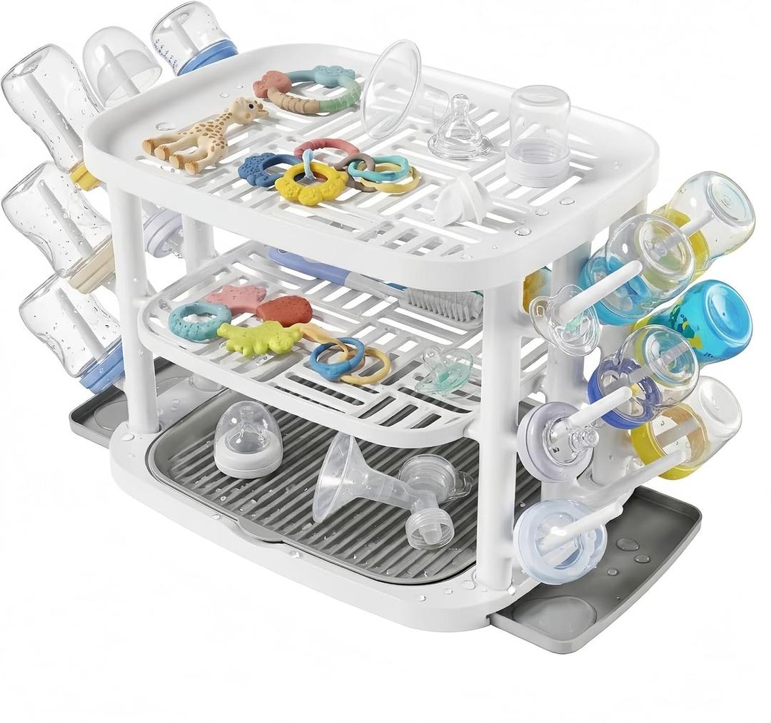 Baby Bottle Drying Rack,3-Tier Large Capacity Countertop Organizer with 360° Ventilation, Removable Drip Tray, Non-Slip Base – Easy to Clean Bottle Holder for Baby Accessories