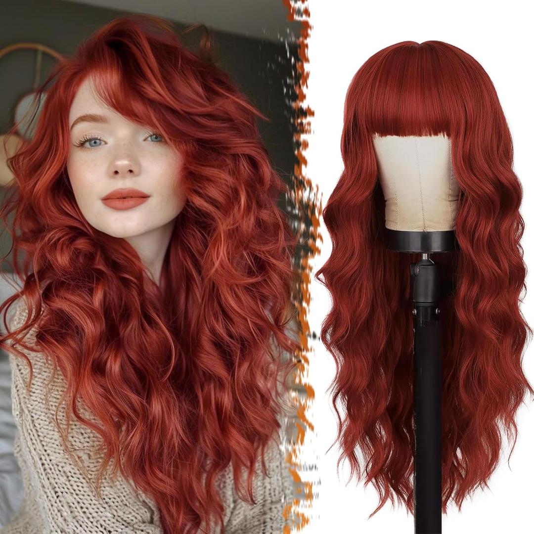 BARSDAR Long Wavy Copper Red Wig With Bangs - Long Curly Wavy Red Wig With Bangs for Women - 26 Inch Thick Soft Synthetic Natural Looking Daily Cosplay Party Halloween Face-Framing Copper Auburn Wigs