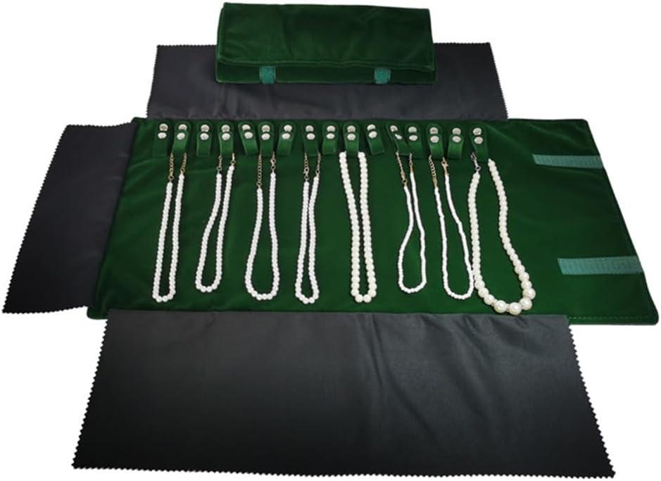 Premium Jewelry Roll Organizer for 16 Necklaces 55cm x 29cm Metal Snap & Velcro Closure - Ideal for Travel and Storage (Green)