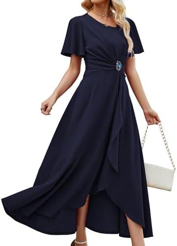 QMZ Wedding Guest Dresses for Women Have Pockets Cocktail Dress Ruffle Sleeve A Line Evening Party Formal Dresses for Women XXL
