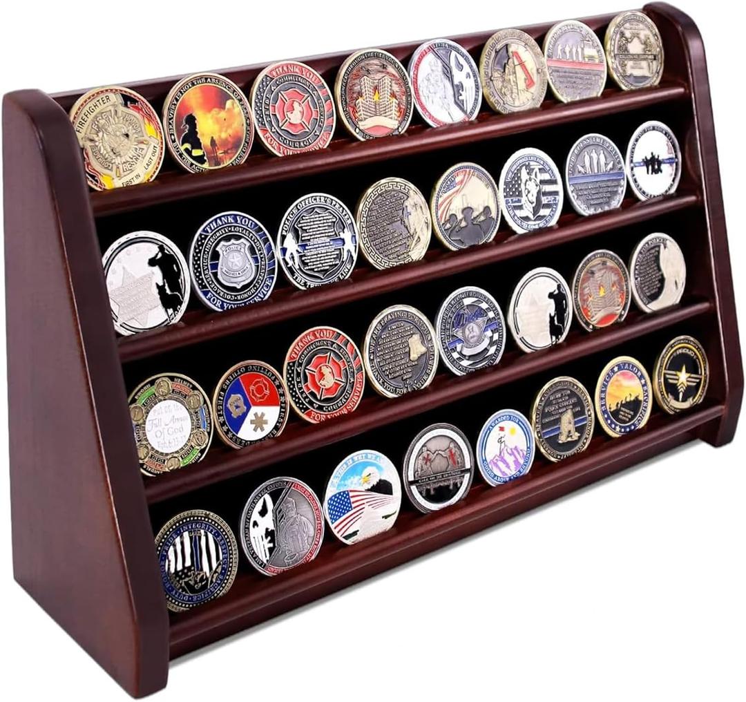 4 Rows Military Wooden Challenge Coin Display Case - Wall Mountable Army Holder Stand Rack, Holds 32 Coins, Mahogany