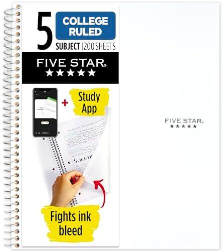Amazon.com : Five Star Spiral Notebook + Study App, 5 Subject, College Ruled Paper, 8-1/2" x 11", 200 Sheets, Fights Ink Bleed, Water Resistant Cover, White (72460) : Office Products