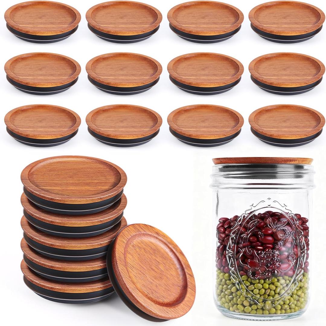 12-Pack Wide Mouth Mason Jar Lids - 3.3inch Acacia Wood Tops with Airtight Silicone Seal, Storage Canning Jar Lids, Reusable & Dishwasher Safe