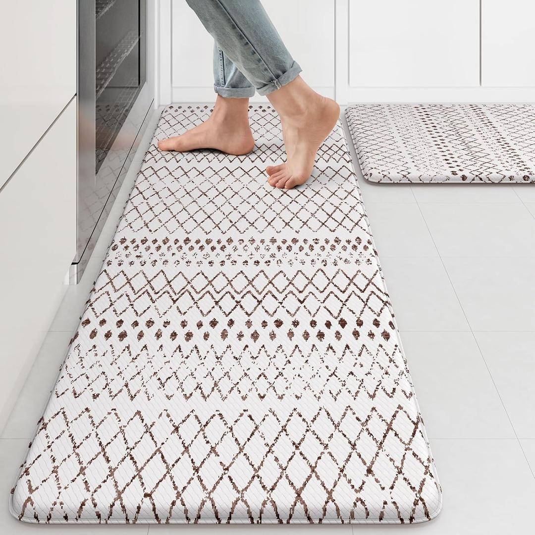 KIMODE Kitchen Mats 2PCS Cushioned Anti Fatigue Boho Kitchen Rugs and Mats Non Slip Waterproof Kitchen Mats for Floor Comfort Foam Standing Desk Mat for Home Office Sink Laundry Brown and White Decor (17.3" x 47 "+ 17.3" x 29 "--0.47 inches)