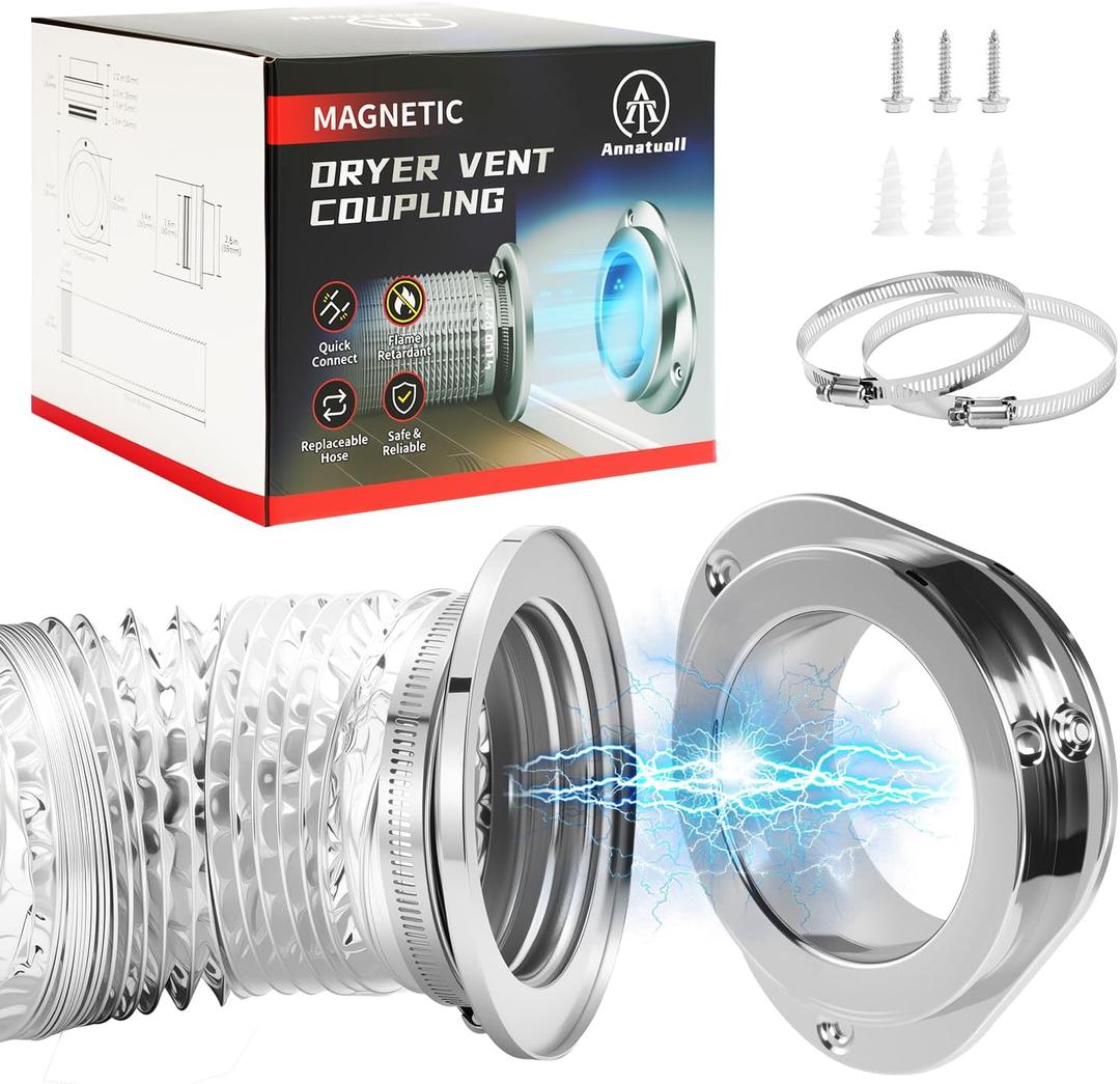 DV180 Magnetic Dryer Vent Kit, Airtight Seal Magntic Drver Vent Connector Kit, Including 6-Ply Aluminum Foil Duct and 2 Clamps, Easy to Clean Quick Connector (Silver)