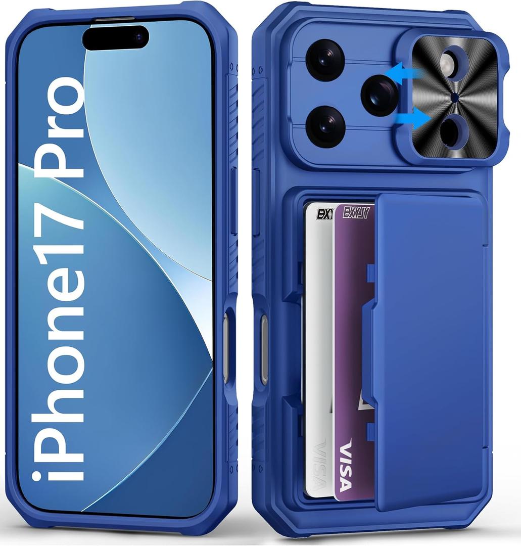 For iPhone 17 Pro Case Wallet with Card Holder (4-5 Cards), Slide Camera Cover, Military Grade Shockproof, Heavy Duty Rugged Women Men Phone Case for iPhone 17 Pro 6.3" 2025, Royal Blue