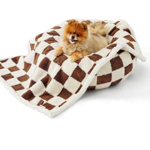 LE SURE Waterproof Puppy Blanket for Small Dogs - Washable Double Sided Dog Blankets with Warm Jacquard Shag and Soft Sherpa Fleece, Pet Cat Blanket for Couch Protection, 3D Textured Checks, Brown,S(25x35"), Brown Checks