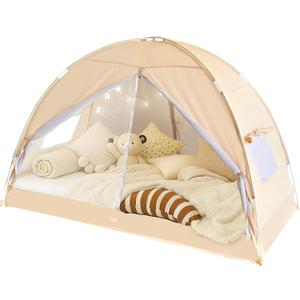 LEEDOR Bed Tent Dream Tents Bed Canopy Shelter Cabin Indoor Privacy Warm Breathable Pop Up Twin/Full/Queen for Kids and Adult Patent Pending(Mattress Not Included) (39"W x 75"L (Pack of 1), Khaki)