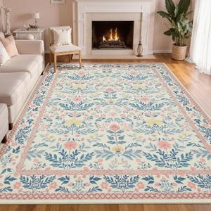 Joydeco Pink Area Rugs 8x10 for Living Room, Washable Floral Large Carpet
