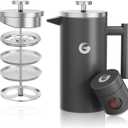 Coffee Gator 304 Grade Stainless Steel French Press Coffee Maker 34 oz, Double Wall Insulated Hot Cold Brew Teapot with 4-Level Filtration System, Include Travel Jar Canister, Rust-Free, Kitchen, Gray