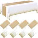 Breling 8 Pack White and Gold Disposable Plastic Tablecloths and Satin Table Runner Set, 54 x 108 Inch Tablecloth, 12 x 108 Inch Table Runners for Wedding First Communion Baby Shower Graduation