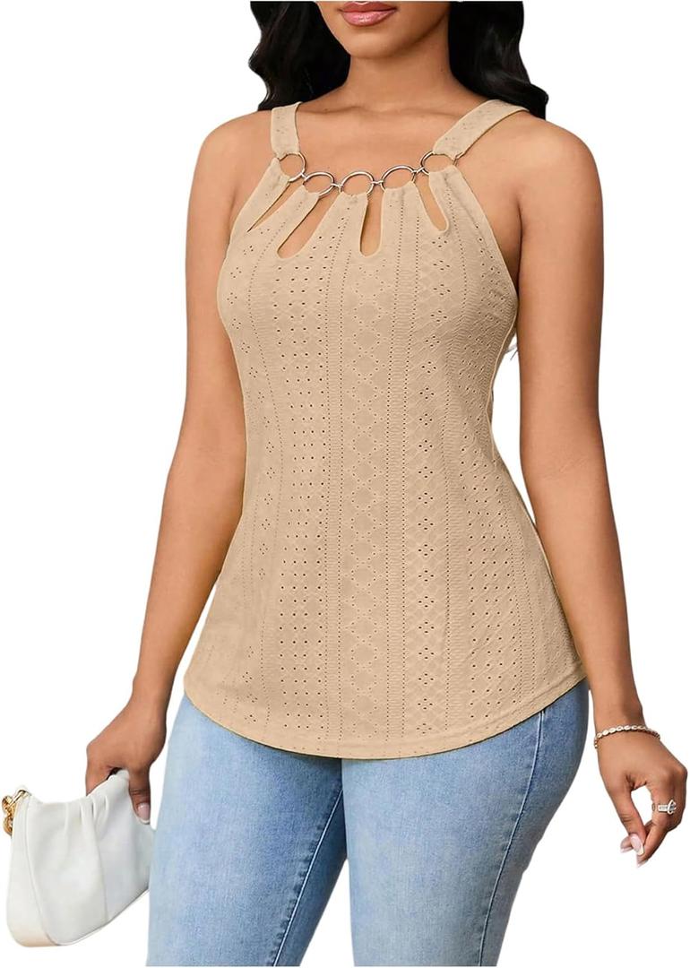 WDIRARA Women's Cut Out Sleeveless Tops Eyelet O Ring Linked Going Out Tank Top (Beige, S)