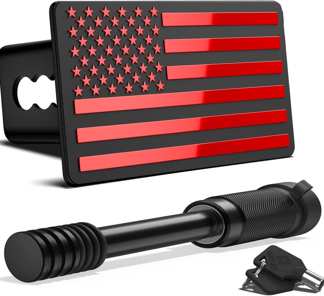 OGYE 2 Inch Trailer Hitch Cover with American Flag, Heavy Metal Trailer Hitch Cover Fit for 2 Inch Hitch Receivers (with 5/8" Pin Dia Anti-Theft Trailer Hitch Lock), 3 x 5" Red