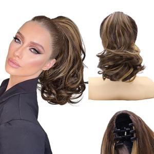 NAYOO Claw Clip Ponytail Extension Brown 12" Short Wavy Ponytail Clip in Hair Extensions for Women Curly Natural Layered Pony Tails for Short Thin Hair Synthetic Hairpiece(Brown Mixed Dirty Blonde)