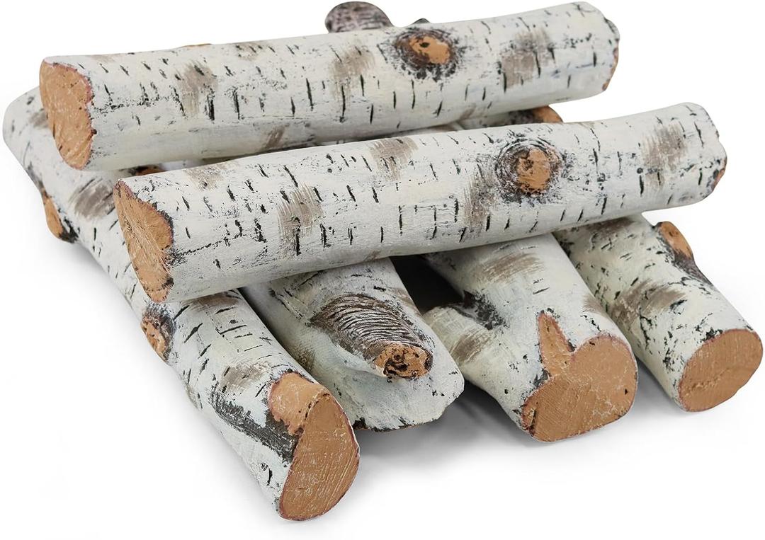 Gas Fireplace Logs Set, Ceramic White Birch Wood Gas Log for Gas Fireplace Insert, Faux Fireplace Fire Logs for Vented, Indoor Electric Fireplace Outdoor Fireplace Decor Fake Fireplace Logs, 6pcs