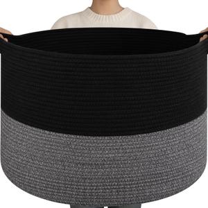 OIAHOMY 115L Extra Large Blanket Basket, 23.6" x 15.4" Woven Cotton Rope Laundry Basket for Organizing Pillows, Decorative Stuffed Animal Toy Storage Bin for Nursery, Black and Grey