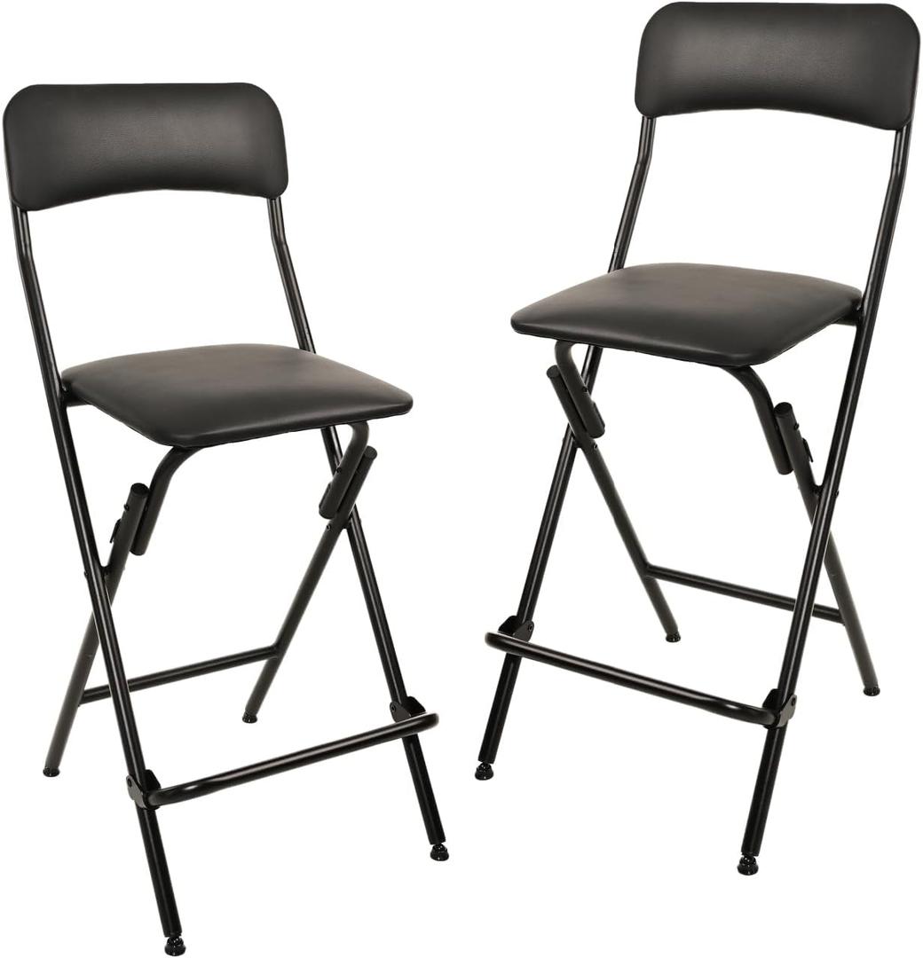 Amazon Basics Folding Bar Stool with Footrest, Portable, Sturdy, Space-Saving Storage, 300lb Capacity, 24" Height, Black, Set of 2, 2 Pack