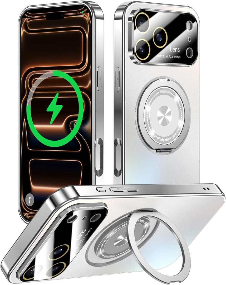 for iPhone 17 Pro Max Case with Spin Magnetic Stand [Integrated Camera Cover] [Fit for MagSafe] Slim Shockproof Protection Phone case with Kickstand 6.9'', Silver