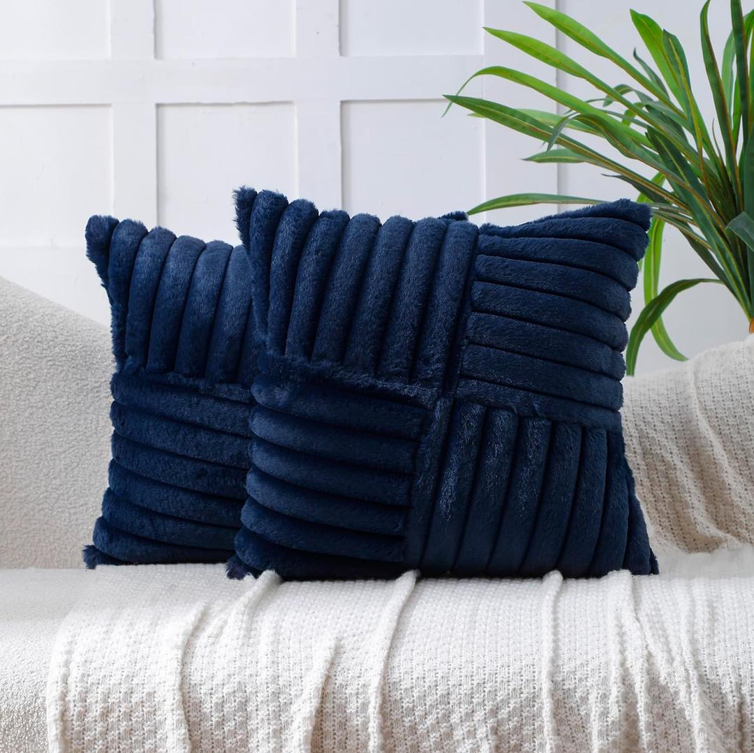 All Smiles Couch Decorative Throw Pillow Covers 18x18 Set of 2 Faux Fur Plush Soft Fluffy Velvet Cushion Case Cozy Fuzzy Striped Pillowcase Home Decor for Bed Sofa Living Room, Navy Blue