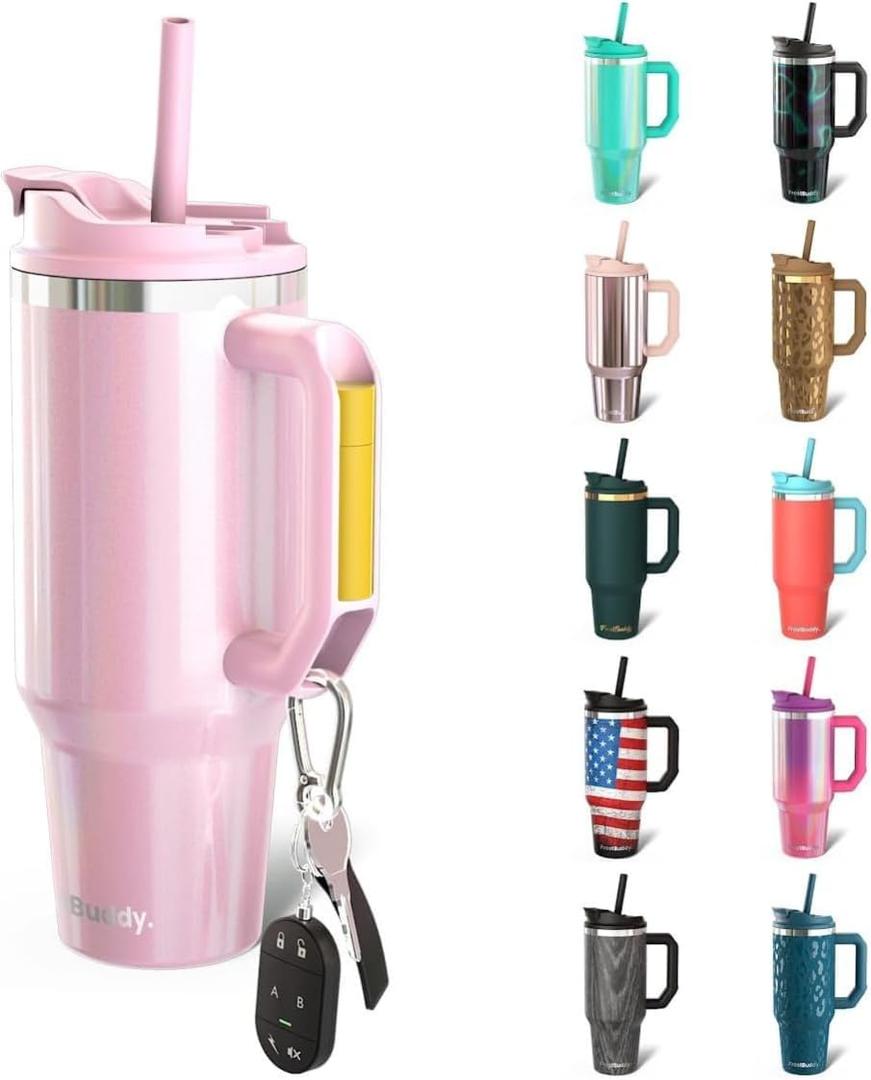 Frost Buddy Thicc Buddy - 40 oz Stainless Steel Vacuum Insulated Tumbler with Lid and Straw for Water - Travel Mug Cupholder Friendly - Gifts for Women Men Him Her (Pink Glitter)