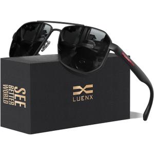 LUENX Aviator Sunglasses for Men Square Polarized Polygon Lens - UV 400 Protection with Accessories 61MM Driving Outdoor (Black)