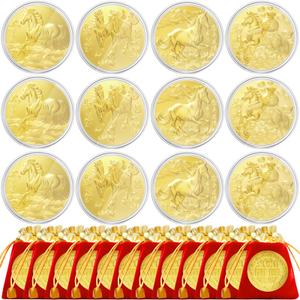 12 Sets Chinese Horse Coin 2026 Year of The Horse Zodiac Coin Gold Chinese Lucky Coin with 12 Red Drawstring Bags Lunar New Year Blessing Gifts with Protective Case