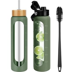 FULBEVY 32 oz Glass Water Bottles - 1 Liter Motivational Tumbler Water Bottle Time Marker - Borosilicate Glass Water Bottle With Silicone Sleeve and 2 Lids, Handle Spout & Bamboo Straw Lid