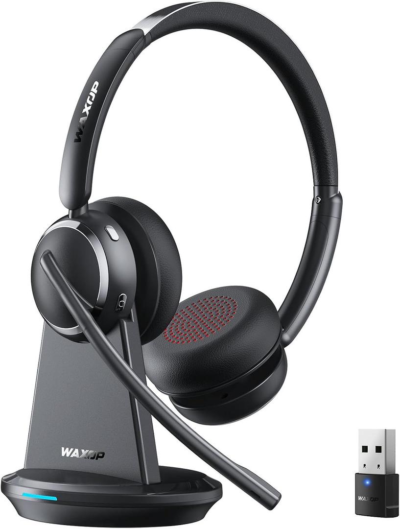 Wireless Headset with Mic for Work, Bluetooth 6.0 Headset with Microphone for PC, 65H AI Noise Cancelling Mic, 60ft Range, USB Dongle & Charging Base, On-Ear Headphones for Teams Zoom Call Center