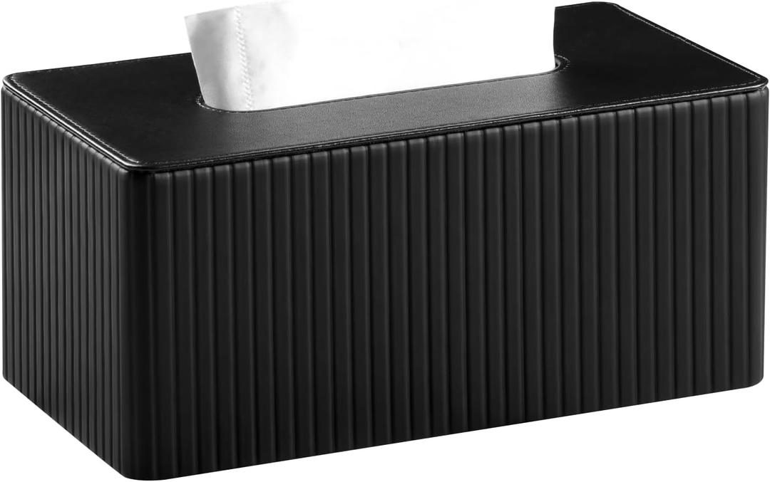 Tissue Box Cover Stylish PU Leather Rectangular Tissue Box Holder with Magnetic Bottom Tissue Cover for 120 Count (3-Ply) / 160 Count (2-Ply) Tissues (Black Stria)