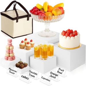 DomeStar 6PCS White Acrylic Buffet Risers with Mini Sign, Food Risers Dessert Table Display Set for Buffet Table Party Catering Cupcake Cake Jewelry, Nesting Boxes for Food Display (8" 7" 6" 5" 4" 3")