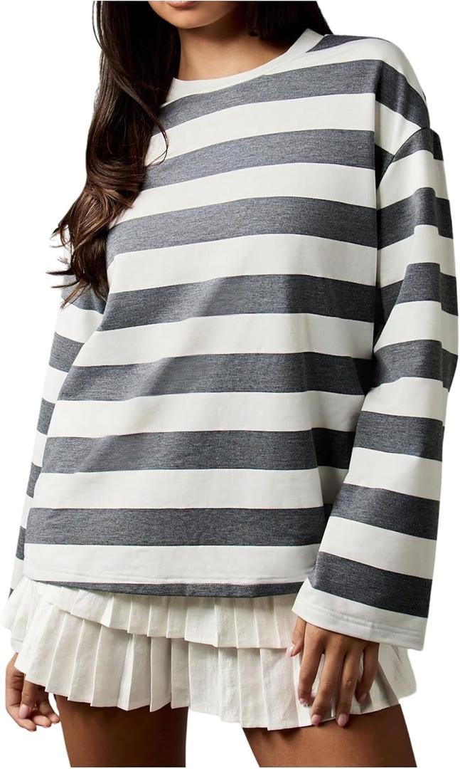 Women's Oversized Tshirts Striped Long Sleeve T Shirts Crew Neck Preppy Tops Fall Outfits (Gray, M)