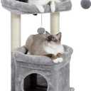 PEQULTI Cat Tree Tower for Indoor Cats with Private Cozy Cat Condo, Natural Sisal Scratching Posts and Plush Pom-pom for Small Cats