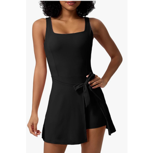 ABOCIW Womens Square Neck Tennis Dress Workout Rompers Wrap Skirt Built in Shorts Golf Athletic Dress, S