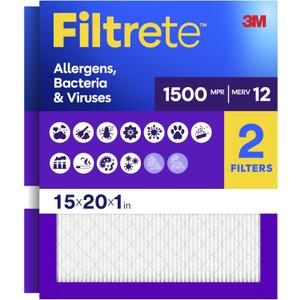 Filtrete 15x20x1 Air Filter, MERV 12, MPR 1500, Allergens, Bacteria & Viruses, 3-Month AC and Furnace Filters, Cleaner Air, Reliable Airflow, 2 HVAC Filters (Actual Size 14.81 x 19.81 x 0.78 in)
