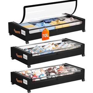 Yecaye 70L Under Bed Storage with Wheels, 3 Pack Larger Capacity Under Bed Storage Containers, Underbed Shoe Storage Organizer, Rolling Under Bed Metal Drawers for Clothes, Blankets, Black