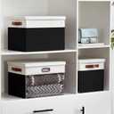 Fabric Clear Window Storage Bins with Lid, Closet Storage Box Linen Closet Baskets with 3 Handles for Organizing Clothing, Jeans, Shelves 17''- 3 Pack (Black and White)