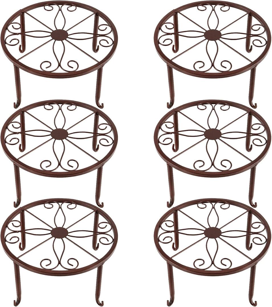 6 Pack 9.45 x 5.12 Inch Bronze Metal Plant Stands for Flower Pots, Retro Style Heavy Duty Potted Holder, Indoor Outdoor Metal Rustproof Iron Garden Container Round Support Rack for Planter